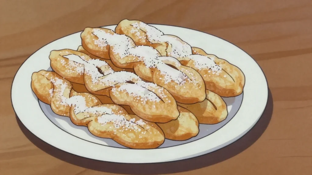 Verhuny, twisted strips of dough fried crisp and dusted with icing sugar, Ukraine dessert, anime style