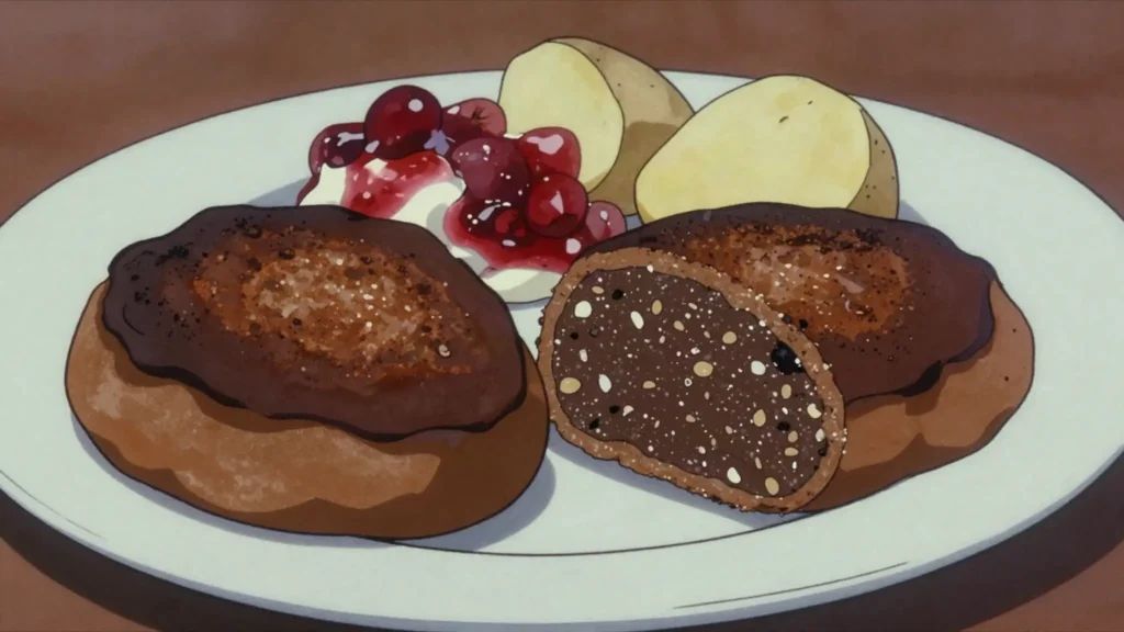 Verikäkk, blood and barley dumpling boiled then fried in fat, Estonia main, anime style