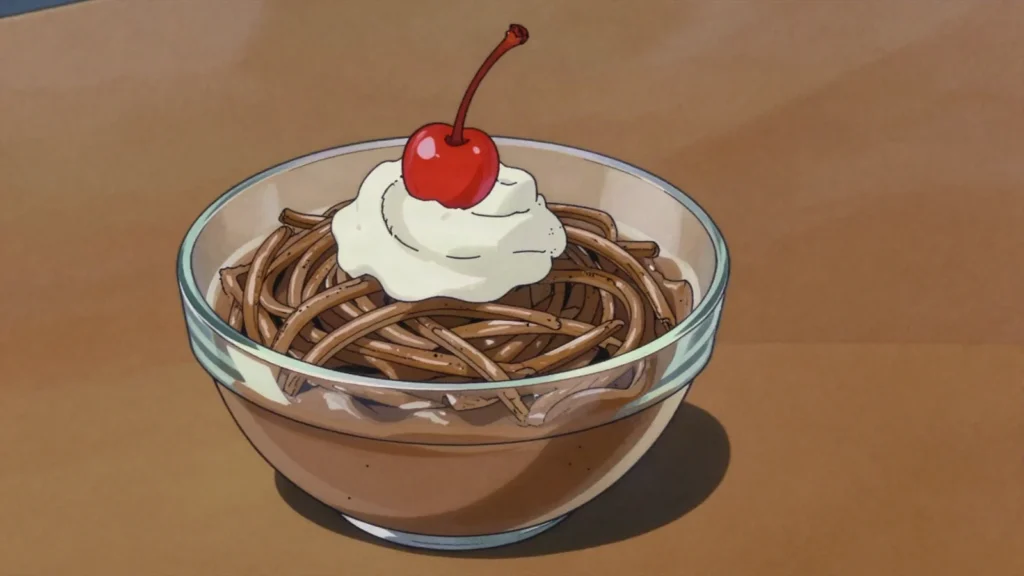 Vermicelles, sweet chestnut purée piped in strands over meringue and cream, Switzerland dessert, anime style