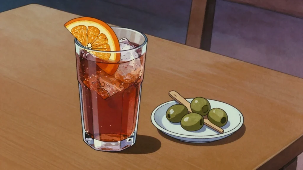 Vermut, chilled vermouth with soda and olives, drunk before dinner, Argentina wine & spirit, anime style