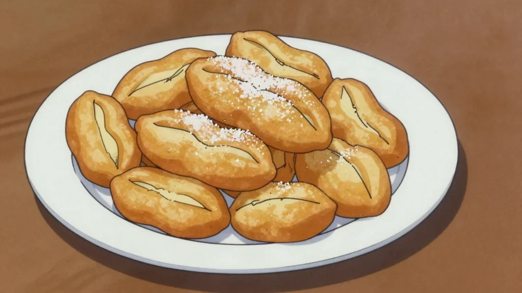 Verwurelter, twisted knot of fried dough dusted with sugar, eaten warm, Luxembourg dessert, anime style