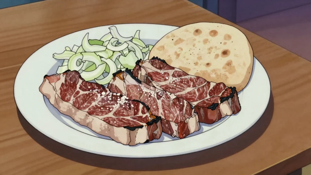 Vesalica, thin pork neck steaks grilled over embers, salted and eaten with onion, Serbia main, anime style