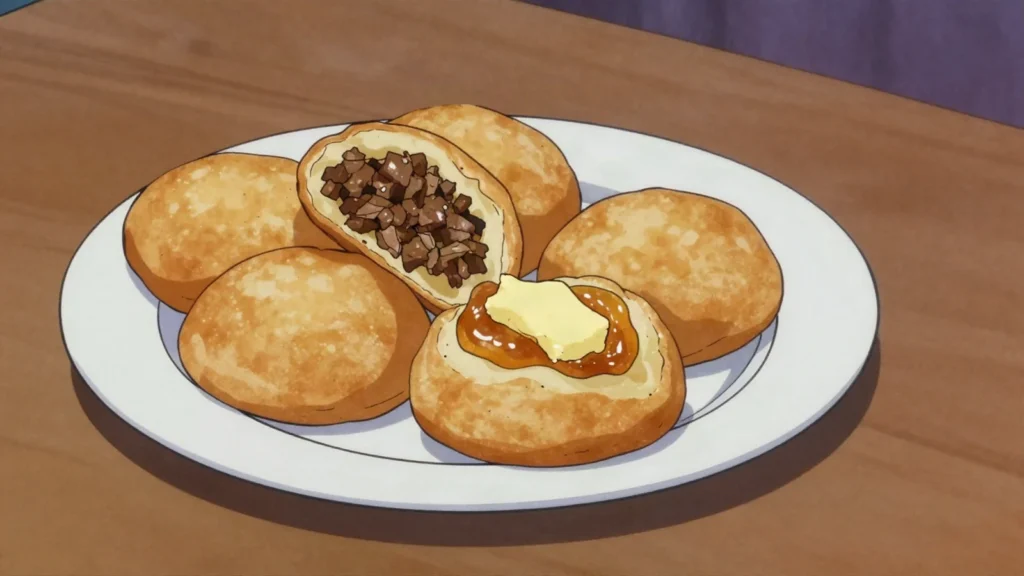 Vetkoek, fried dough cakes filled with mince or jam, Namibia street food, anime style