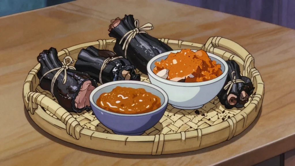 Viande boucanée, bush meat smoked hard over wood so it survives, Central African Republic charcuterie & cured, anime style