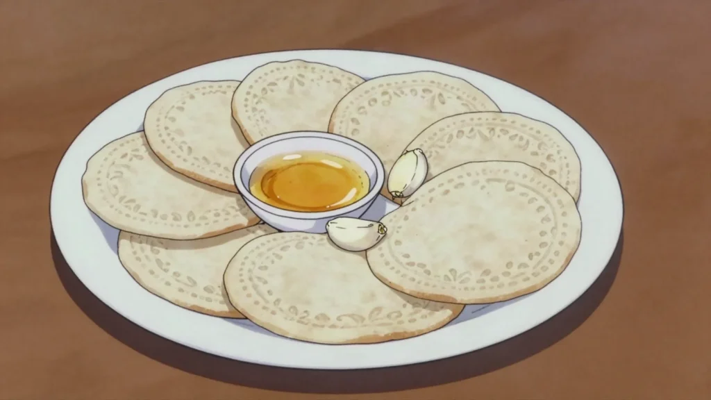 Vianočné oblátky, thin unleavened wafers eaten with honey and garlic on Christmas Eve, Slovakia snack, anime style