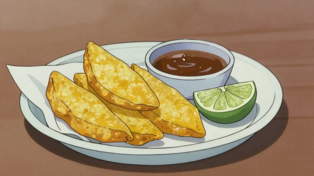 Viazi karai, turmeric-battered fried potatoes with tamarind chutney, coastal snack, Kenya street food, anime style