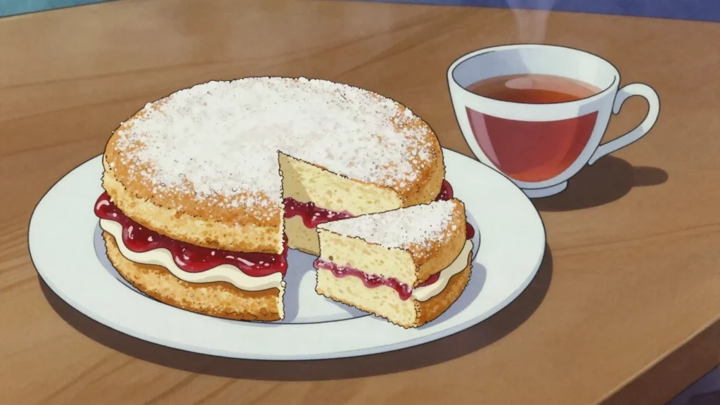 Victoria sponge, light sponge cake filled with raspberry jam and cream, United Kingdom dessert, anime style