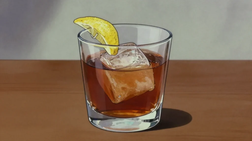 Vieux Carré, rye, cognac, sweet vermouth, Bénédictine and bitters, stirred over ice, United States cocktail, anime style