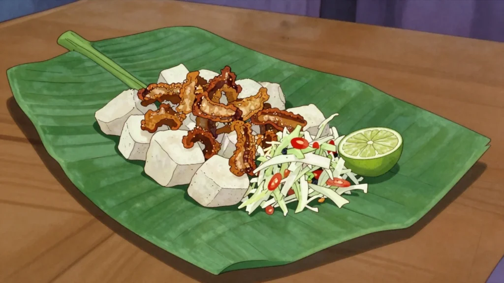 Vigorón, boiled yuca, chicharrón, and cabbage salad on banana leaf, Nicaragua street food, anime style