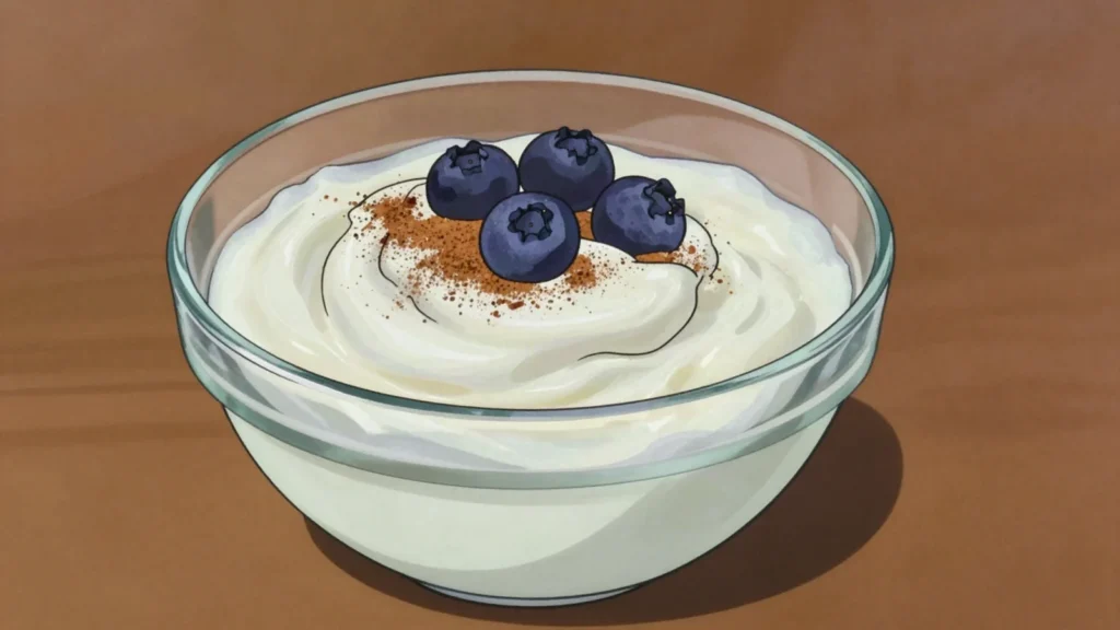 Viili, ropy, mildly sour fermented milk eaten with cinnamon and sugar, Finland cheese & dairy, anime style