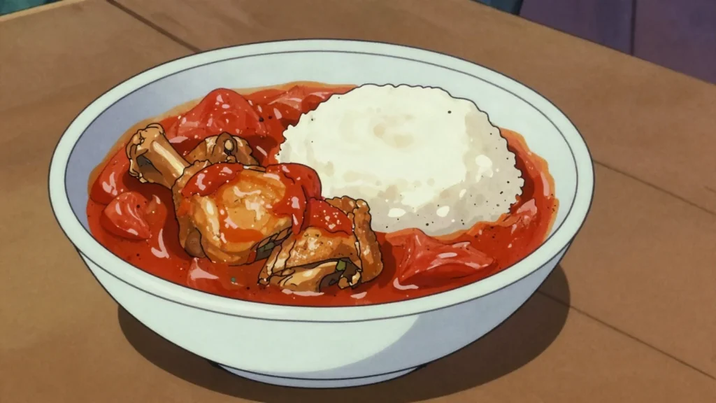Village chicken stew, free-range chicken simmered with tomato and onion for guests, Zambia main, anime style