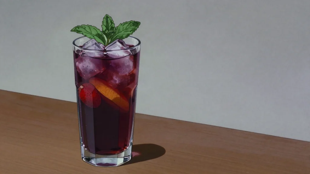Vimto, dark berry cordial mixed with cold water, poured to break the Ramadan fast, Saudi Arabia drink, anime style