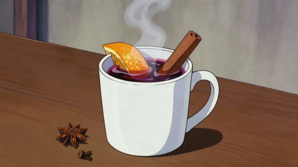 Vin brule, red wine warmed with sugar, cinnamon, cloves and citrus peel, San Marino cocktail, anime style