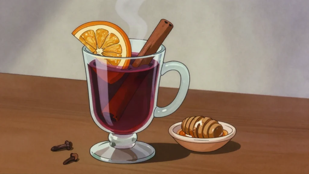 Vin fiert, red wine mulled with honey, cloves and citrus, drunk in cold months, Moldova cocktail, anime style