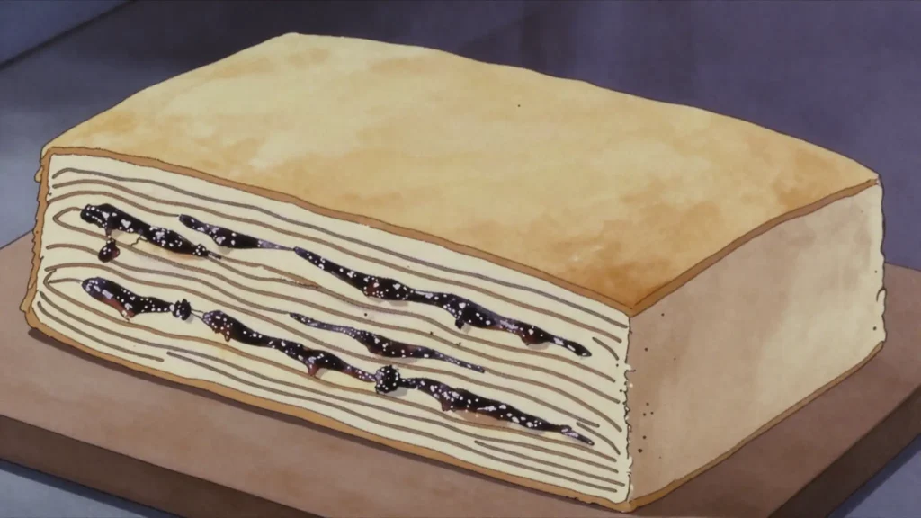 Vínarterta, layered cake with prune filling, cut in thin slices with coffee, Iceland dessert, anime style
