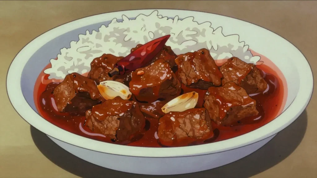 Vindaloo, goan pork stewed in vinegar, garlic and Kashmiri chilli, sharp and dark red, India main, anime style