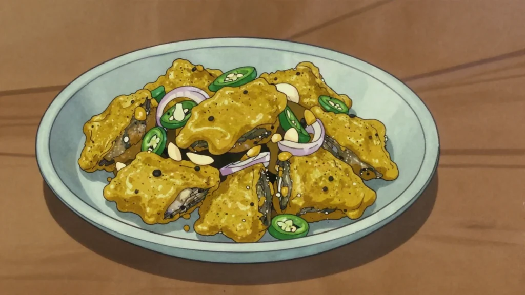 Vindaye, fish or octopus pickled in mustard, turmeric and vinegar, Mauritius main, anime style