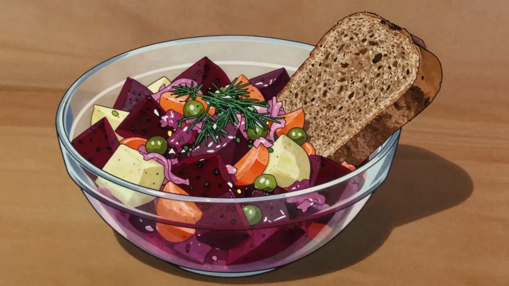 Vinegret, beet, potato and pickle salad with sunflower oil, Russia salad & side, anime style