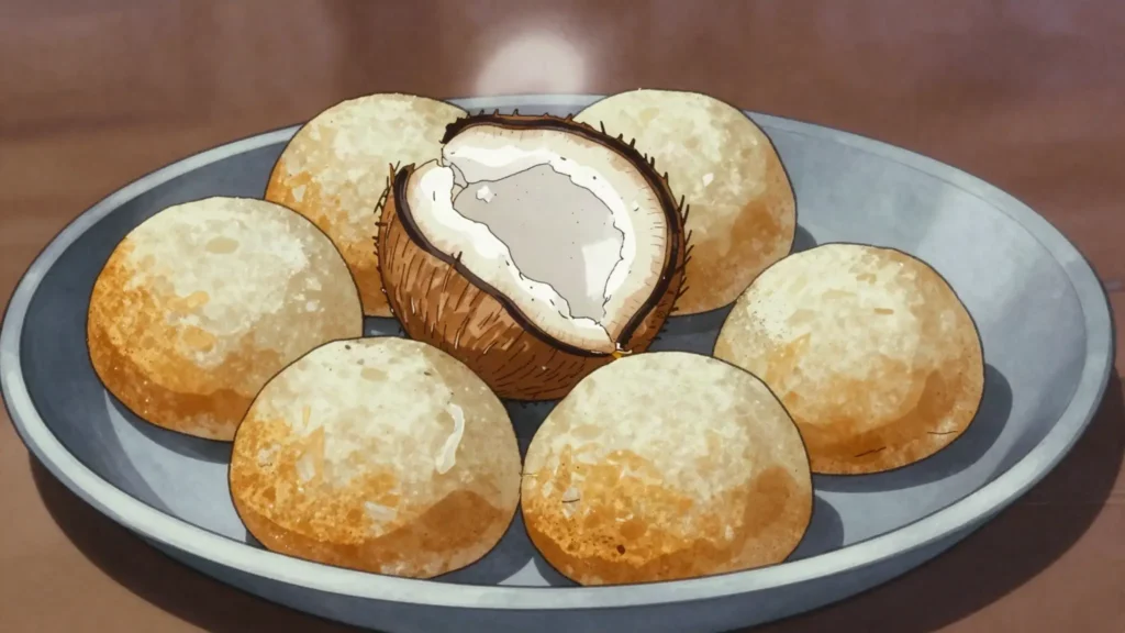 Vitumbua, small fried cakes of rice flour and coconut milk, crisp edged and spongy inside, DR Congo snack, anime style