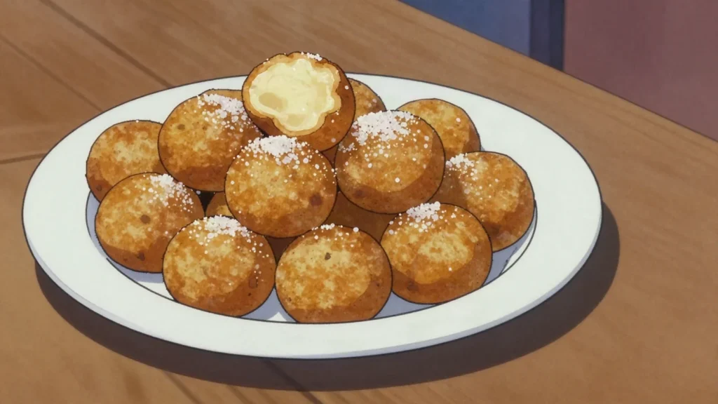 Vitumbuwa, sweet fried dough balls sold at roadsides, Zambia snack, anime style