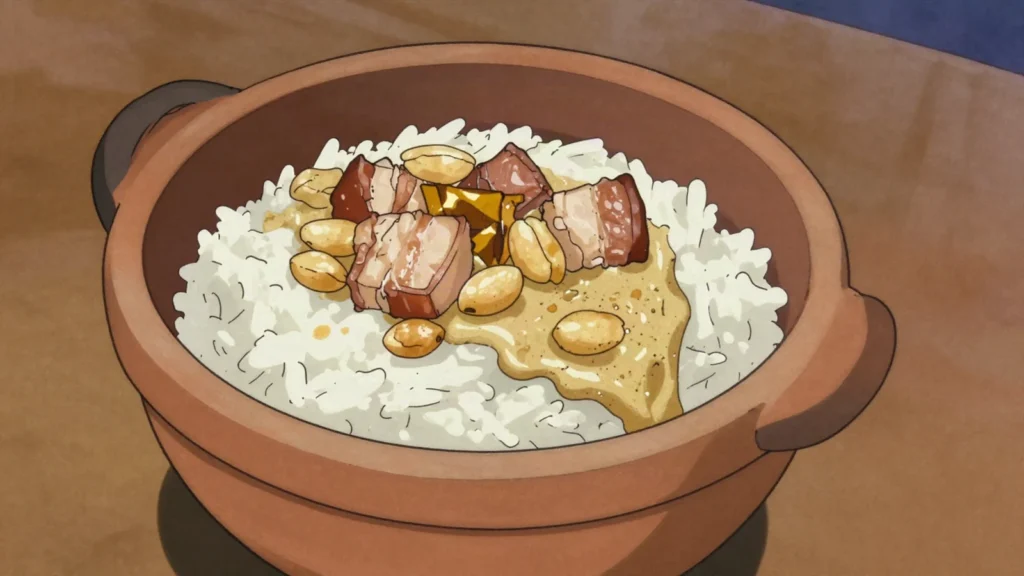 Voanjobory sy henakisoa, bambara groundnuts slow-cooked with pork until creamy, Madagascar main, anime style