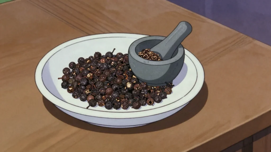Voatsiperifery, tiny tailed wild pepper with a floral, resinous heat, gathered, Madagascar sauce & condiment, anime style