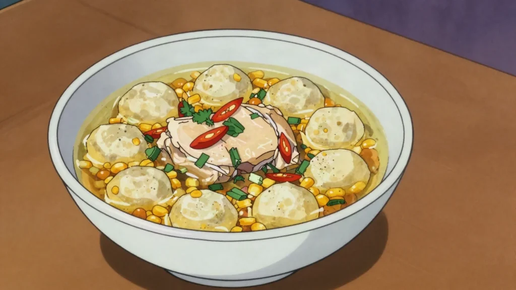 Vori vori, chicken broth with corn-and-cheese dumpling balls, Paraguay soup & stew, anime style