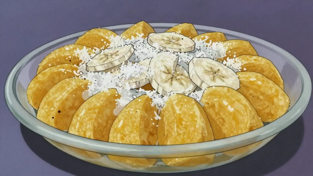 Vudi Vakasoso, plantains simmered and mashed with coconut cream and sugar, Fiji dessert, anime style