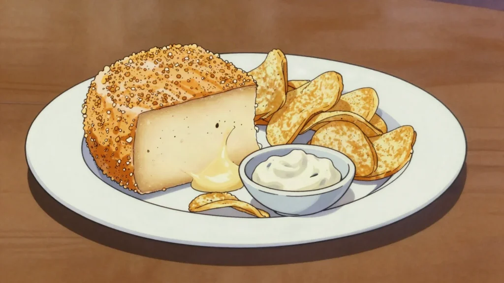 Vyprážaný syr, breaded fried cheese block with tartar sauce and fries, Slovakia main, anime style