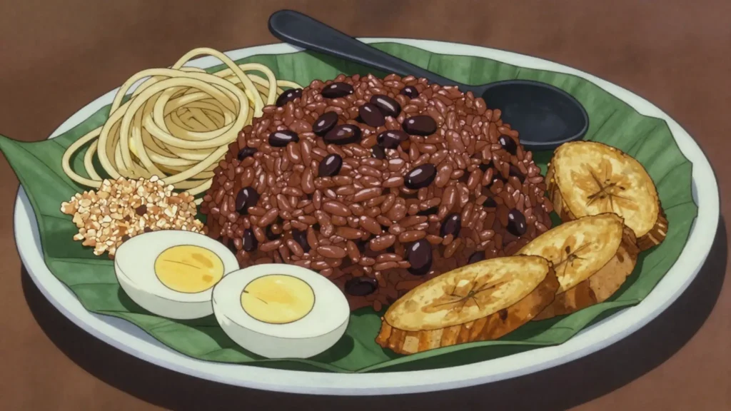 Waakye, rice and beans tinted by sorghum leaves; sold with gari, spaghetti, egg, shito, Ghana main, anime style