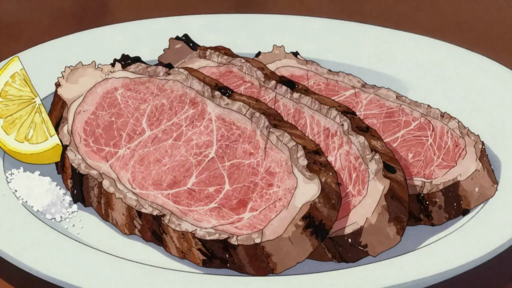 Wagyu Beef, intensely marbled beef from Japanese black cattle, seared in small rich portions, Japan main, anime style