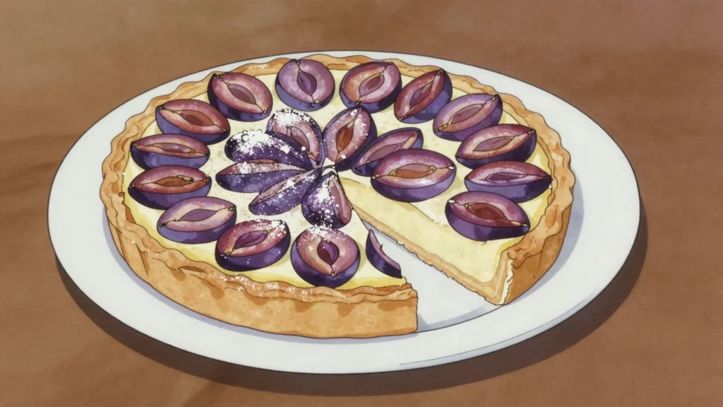 Wähe, thin open tart with fruit or vegetables set in savoury custard, Switzerland bread & pastry, anime style