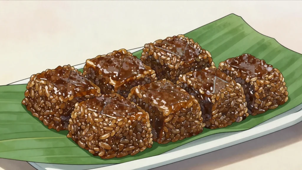 Wajid, glutinous rice cooked down with coconut milk and palm sugar, wrapped in leaf, Brunei snack, anime style