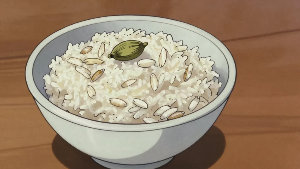 Wali wa nazi, fragrant coconut rice paired with fish or bean curries, Tanzania salad & side, anime style