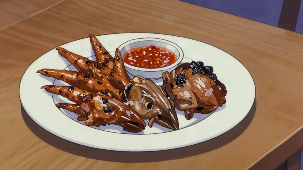 Walkie talkies, chicken feet and heads boiled then grilled, sold in newspaper cones, South Africa street food, anime style