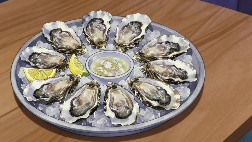 Walvis Bay oysters, plump fast-growing oysters shucked fresh on the lagoon shore, Namibia snack, anime style