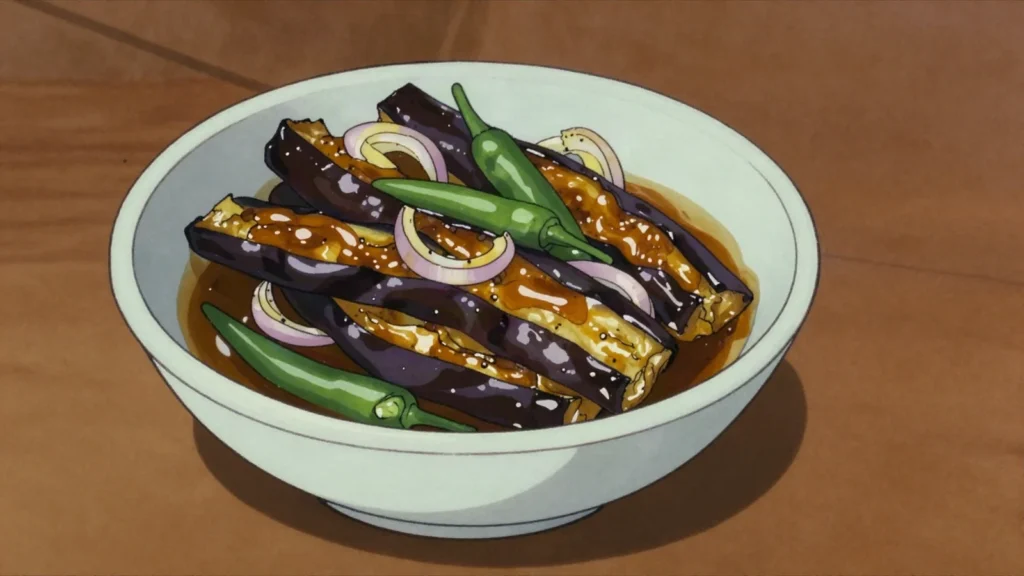 Wambatu Moju, caramelized pickled eggplant relish for festive rice, Sri Lanka salad & side, anime style