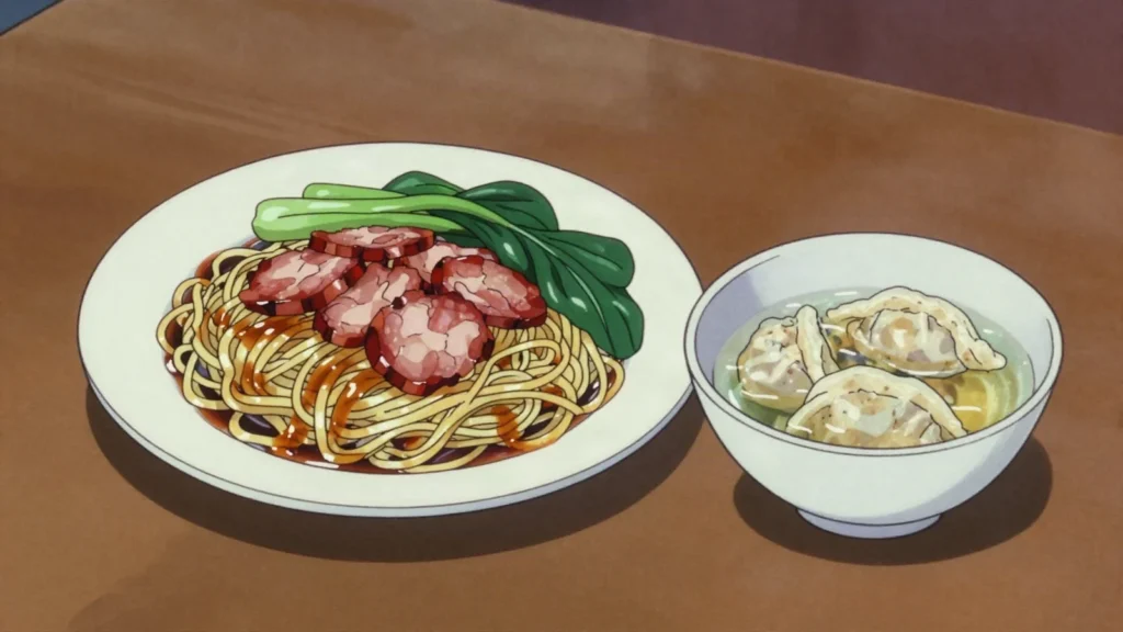 Wantan Mee, springy noodles with char siu and wonton dumplings, Malaysia main, anime style
