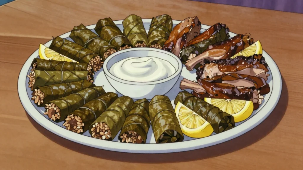Warak dawali, vine leaves rolled tight around rice and meat, cooked over lamb chops, Palestine main, anime style