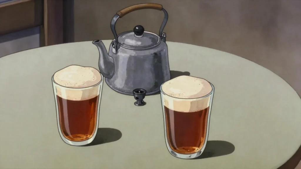 Warga, green tea brewed in three sweet rounds and poured foaming into small glasses, Guinea-Bissau drink, anime style