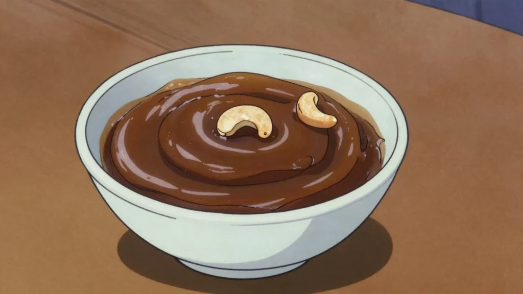 Watalappan, steamed jaggery-coconut custard with cardamom and cashews, Sri Lanka dessert, anime style