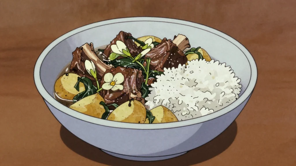 Waterblommetjiebredie, lamb stewed with Cape pondweed flowers, sorrel and potatoes, South Africa soup & stew, anime style