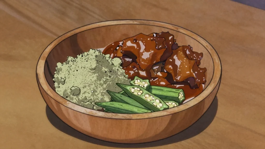 Weika, powdered dried okra stirred into stews to thicken them to a slippery gloss, South Sudan sauce & condiment, anime style