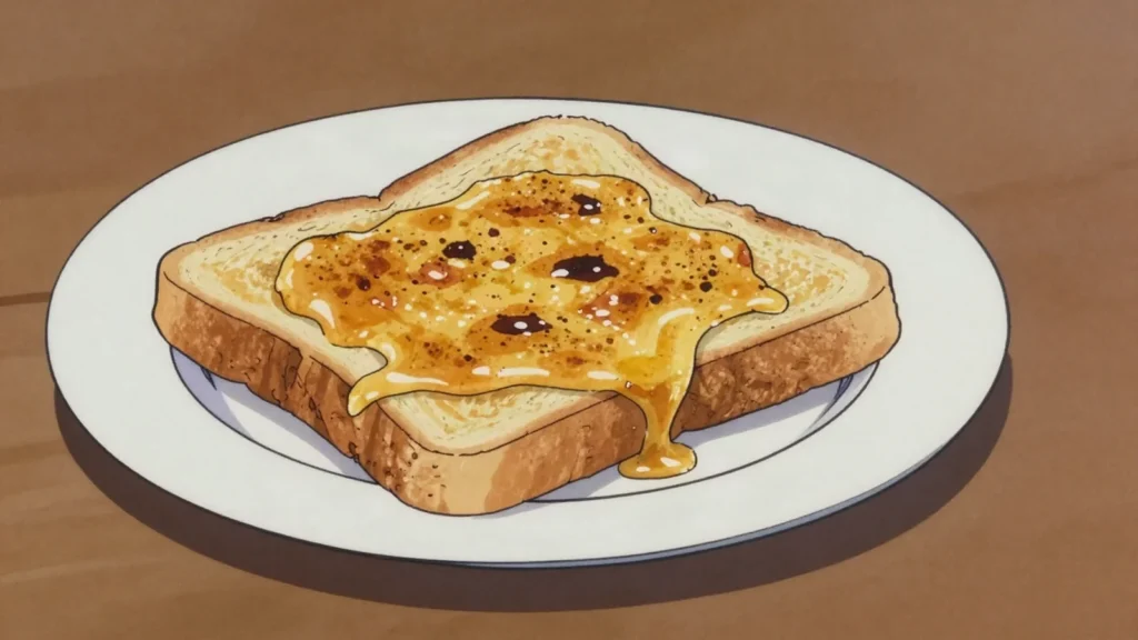 Welsh rarebit, mustardy cheese-ale sauce grilled over toast, United Kingdom snack, anime style