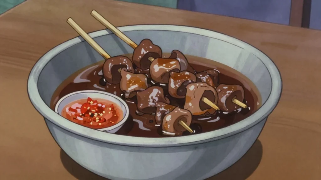 Wet Tha Dote Htoe, pork offal skewers simmered in soy broth, picked from the pot and dipped, Myanmar street food, anime style