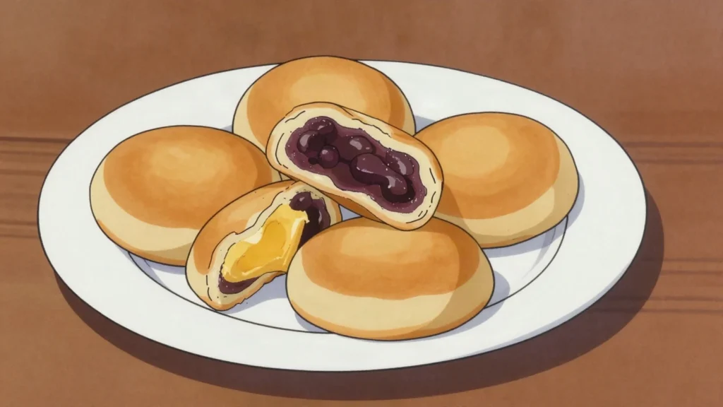 Wheel Cake, round griddled cakes filled with red bean, custard or taro, Taiwan street food, anime style
