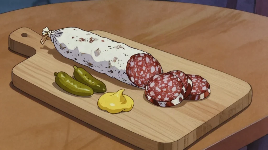 Winter salami, mould-ripened pork salami, cold-smoked and aged for months, Hungary charcuterie & cured, anime style