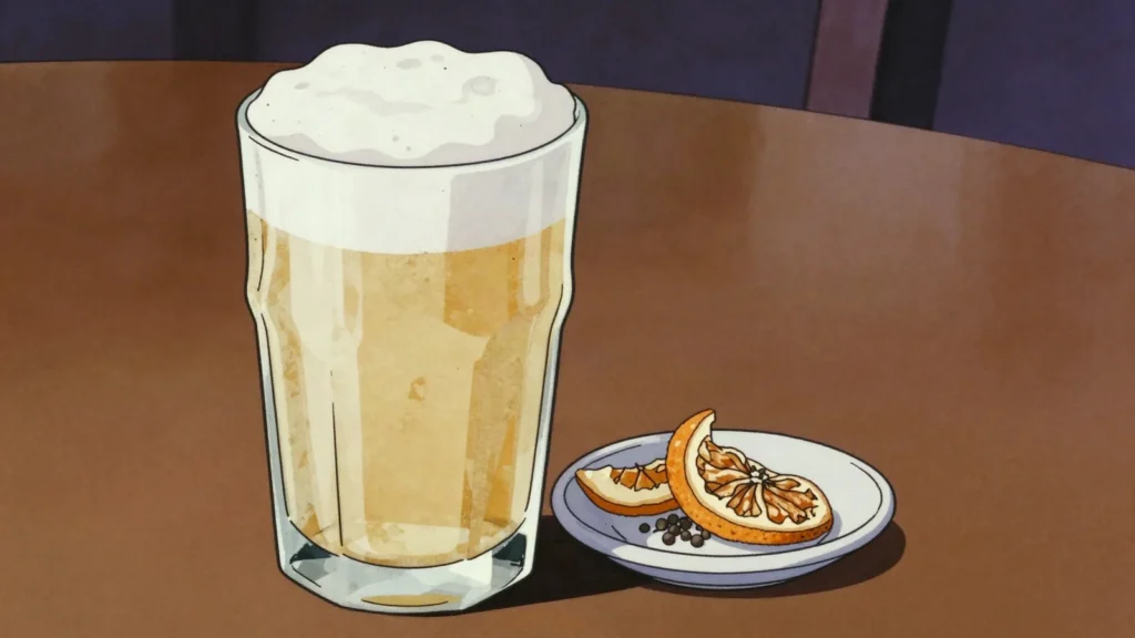 Witbier, cloudy wheat beer spiced with coriander and orange peel, served cold, Belgium wine & spirit, anime style
