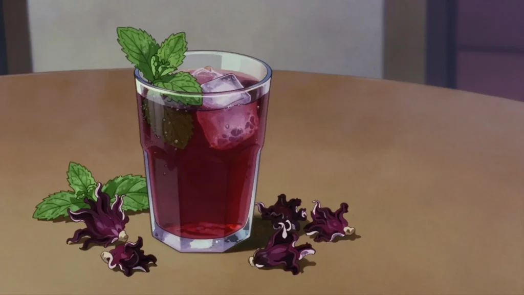 Wonjo, sweet crimson hibiscus juice, served chilled, Gambia drink, anime style