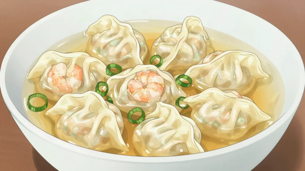 Wonton Soup, silky pork-and-shrimp dumplings served in delicate light broth, China soup & stew, anime style